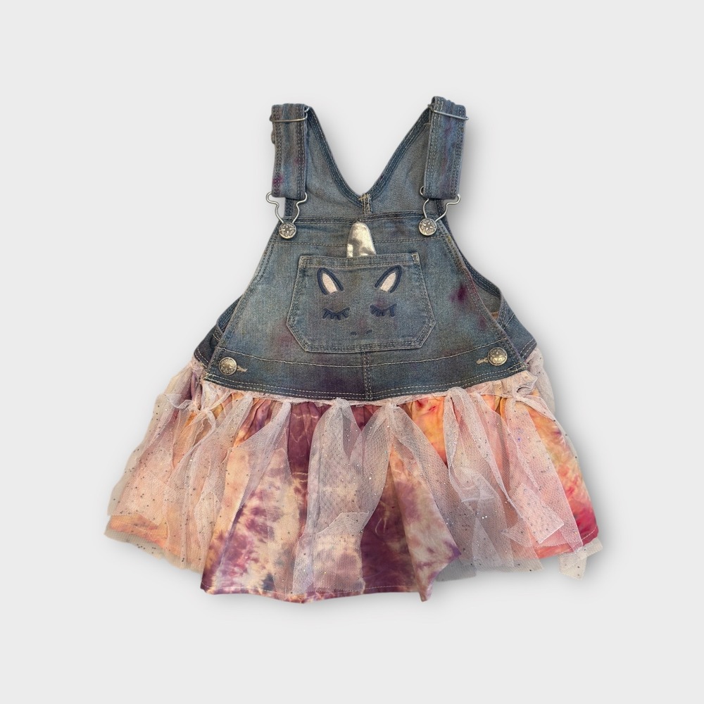 OshKosh Bgosh Girls 2T Unicorn Denim Dress Tie Dye Tulle Overlayβ Overalls